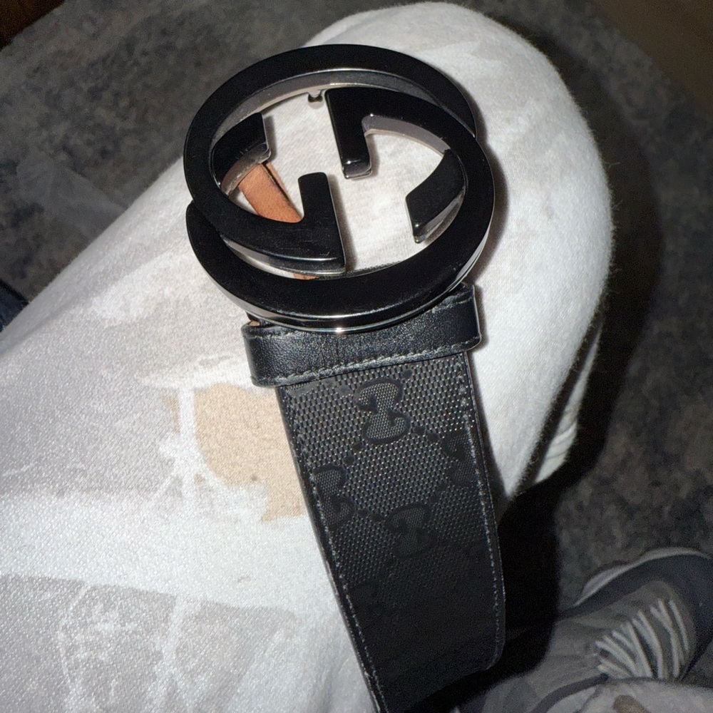 Gucci GG Monogram Print Interlocking G Buckle Black Belt - Picture 2 of 8